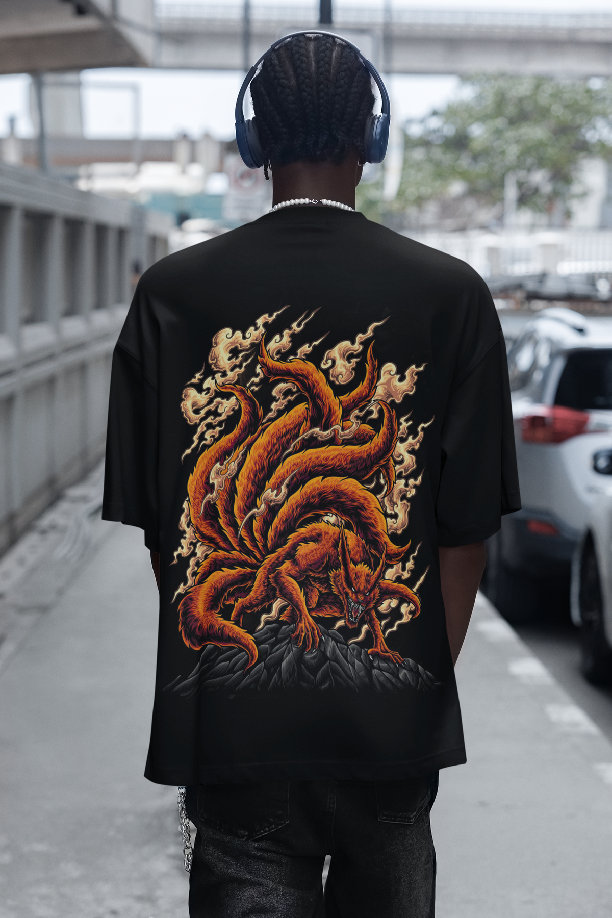 BLACK - NINE TAILS - Over sized Half sleeve T-shirt