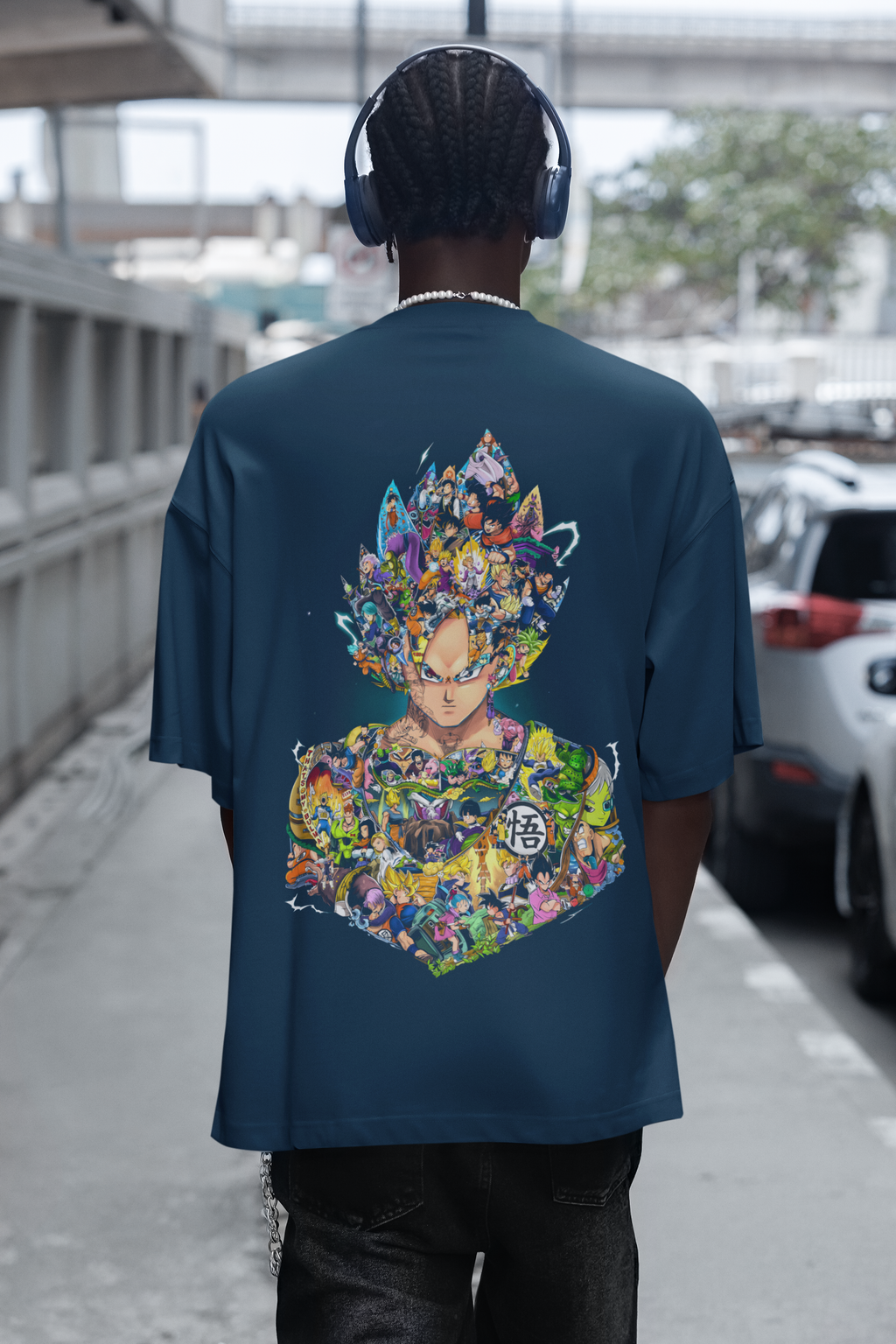 NAVY BLUE - ANIME COLLECTION WITH GOKU FACE - Over sized Half sleeve T-shirt