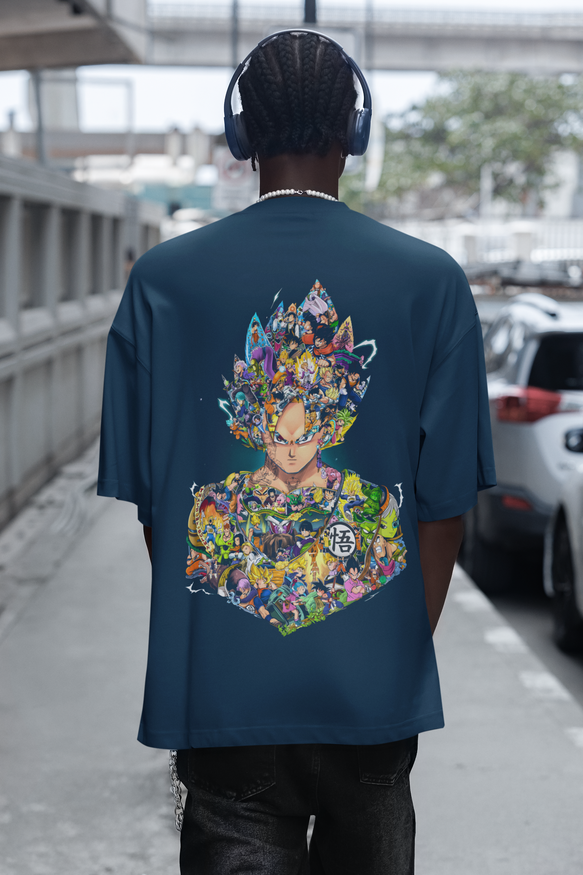 NAVY BLUE - ANIME COLLECTION WITH GOKU FACE - Over sized Half sleeve T-shirt