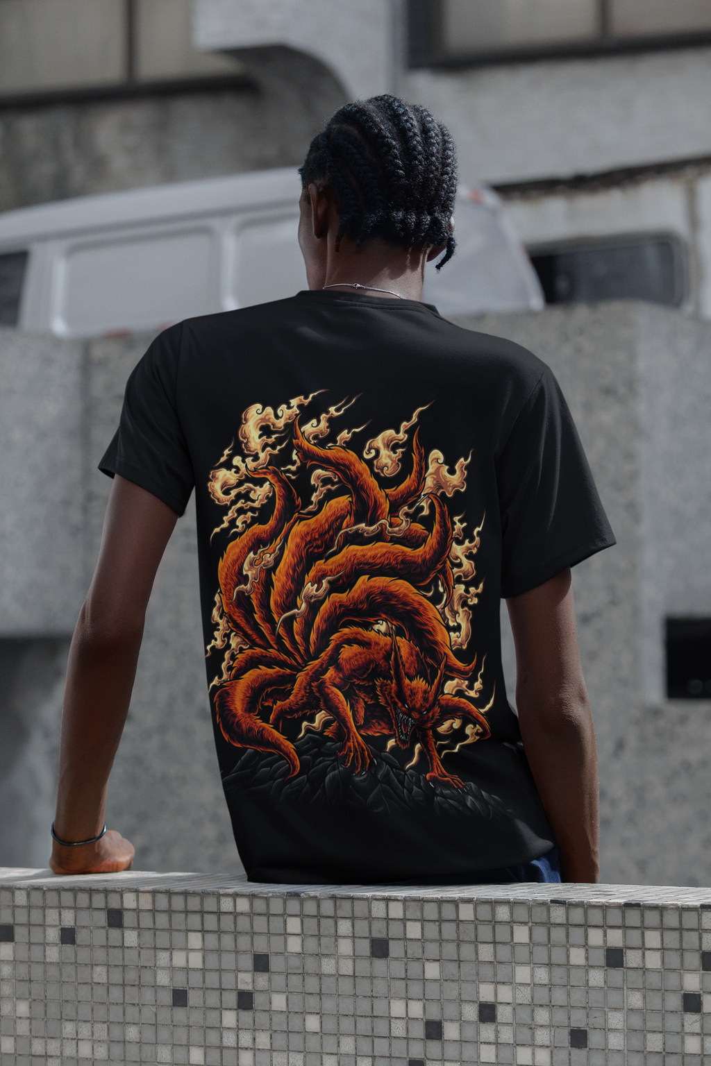 BLACK - NINE TAILS - Over sized Half sleeve T-shirt