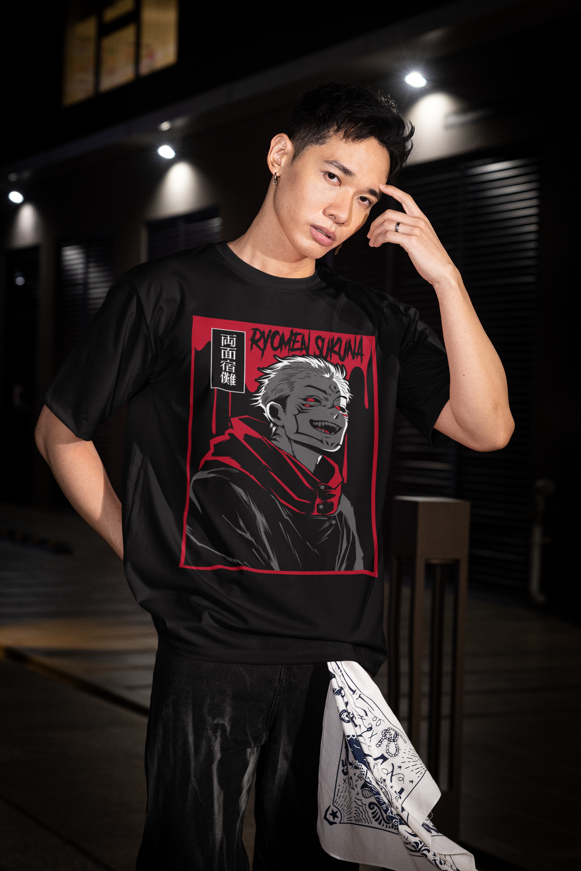 BLACK - SUKUNA FRONT - Over sized Half sleeve T-shirt