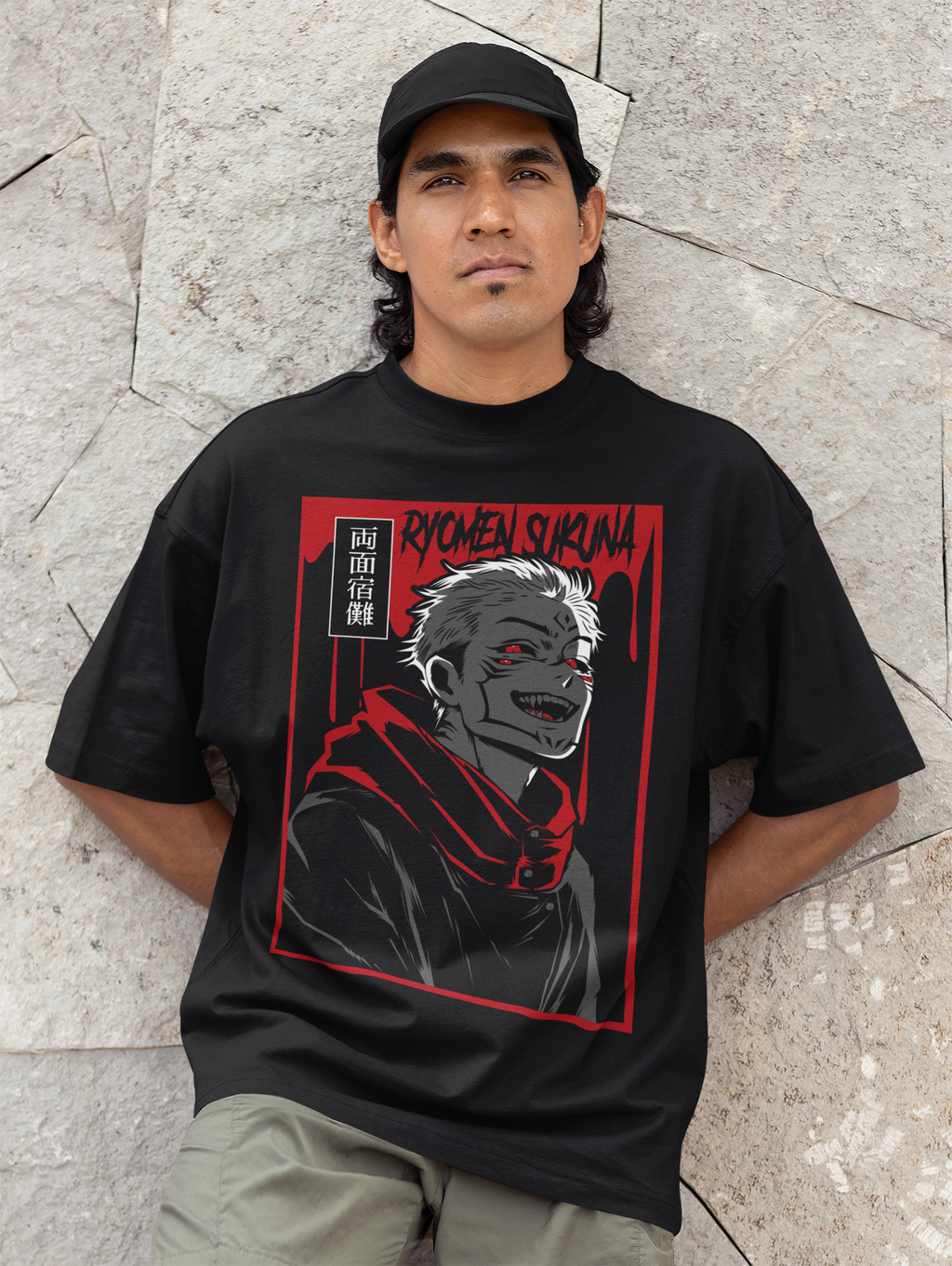 BLACK - SUKUNA FRONT - Over sized Half sleeve T-shirt