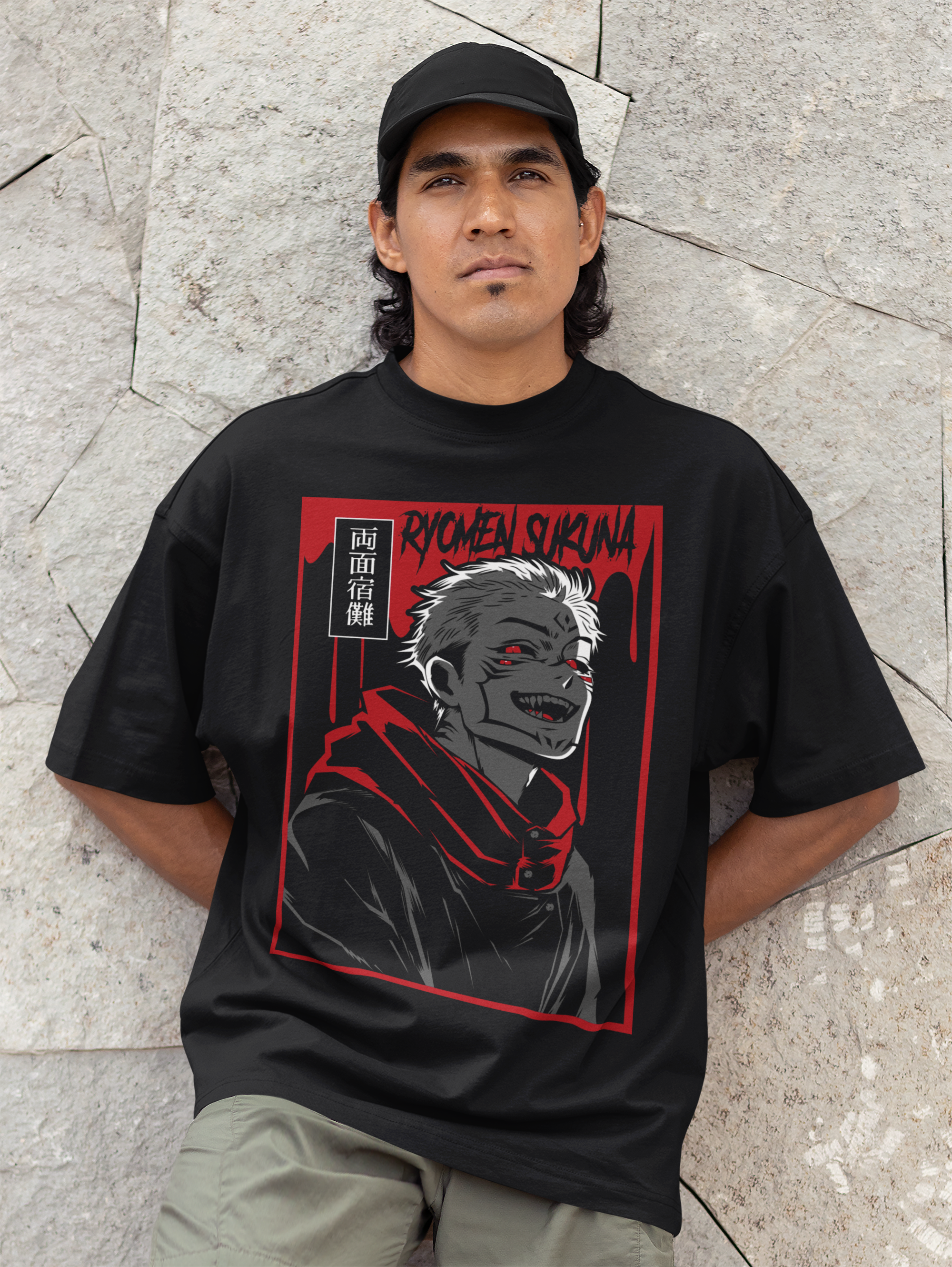 BLACK - SUKUNA FRONT - Over sized Half sleeve T-shirt